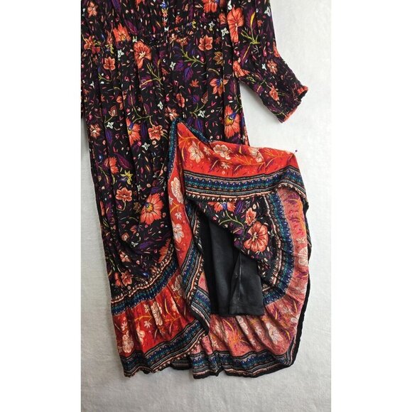Old Navy Boho Midi Dress M Black Floral Hippie Peasant Cottage Rayon Lined - Picture 12 of 14